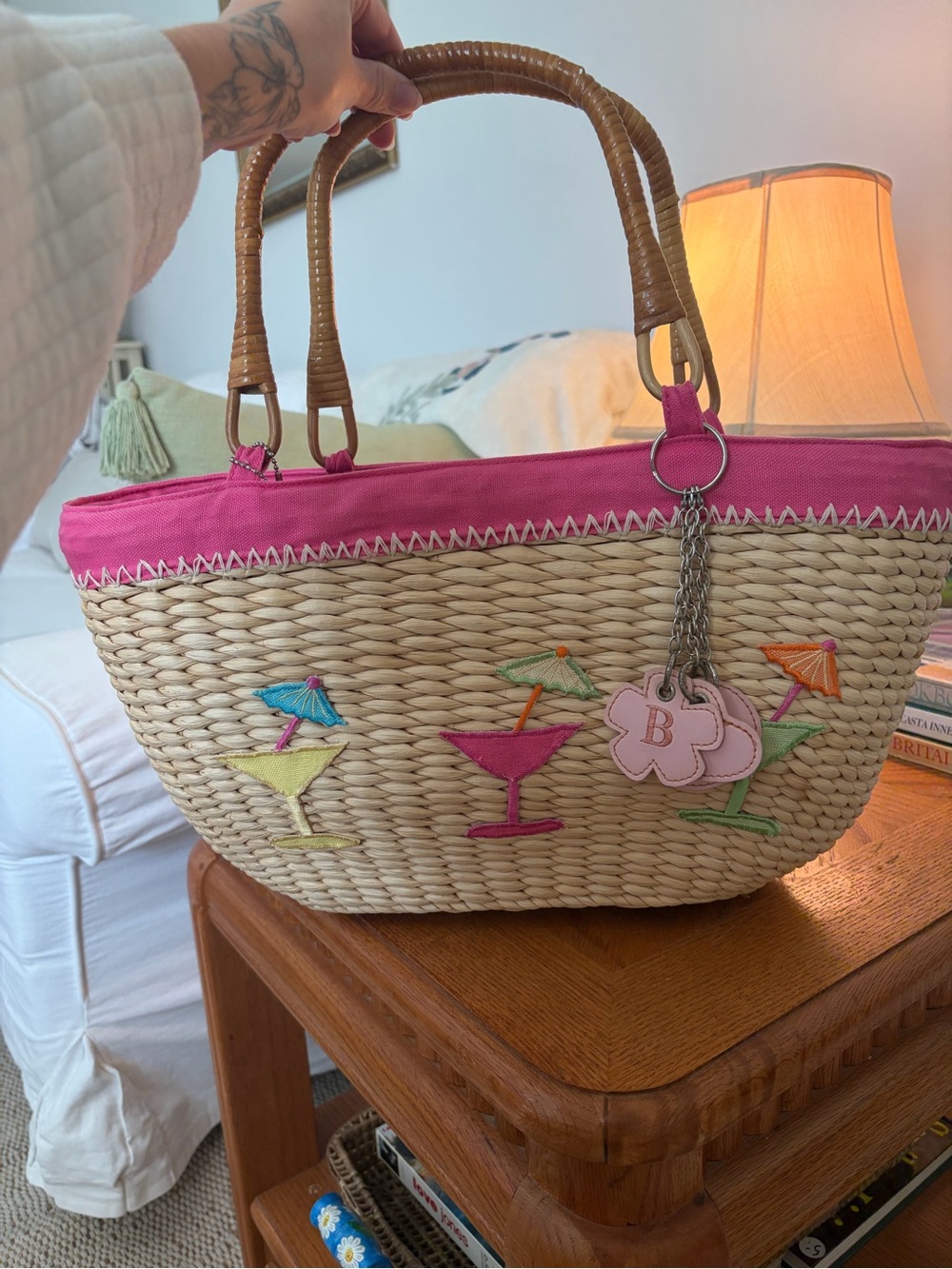 Pink-Trim Straw Tote with Cocktail Patch Embroidery